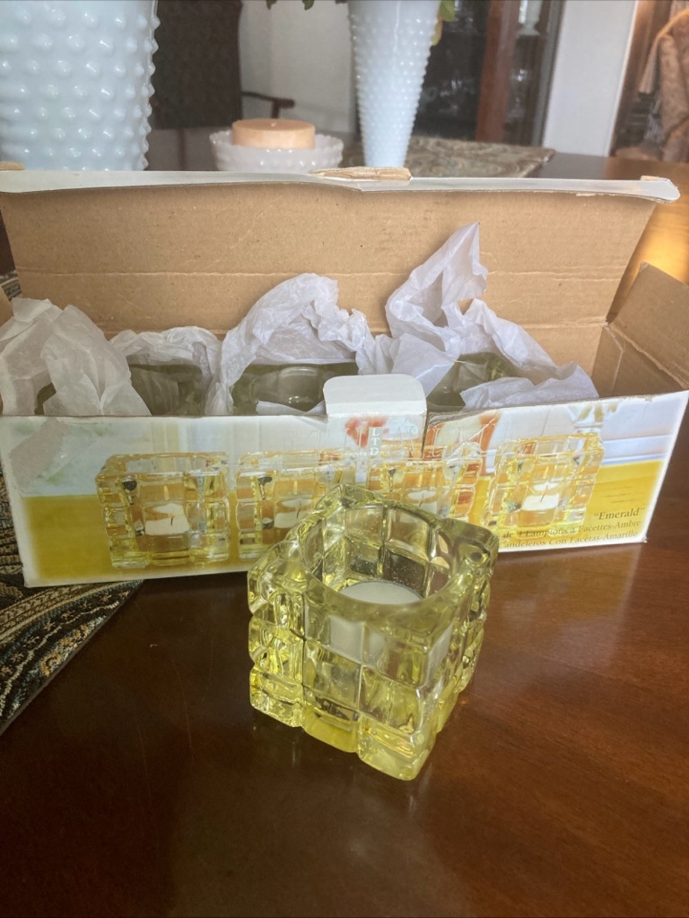 VTG Fifth Avenue Crystal Emerald yellow faceted votives set of 4 boxed